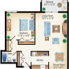 Floor plan: 1Bed 1Bath High-Rise 625 sf
