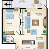 Floor plan: 1Bed 1Bath Garden 778 sf 