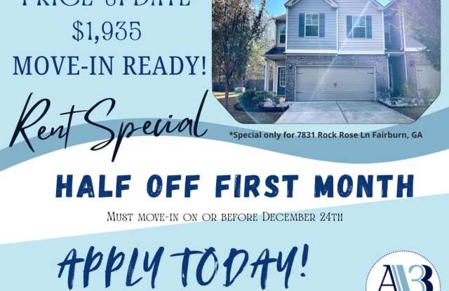 Special offer, Enjoy Half rent off for move-ins on or before December 24th!! Welcome to this stunning 4-bedroom, 2.5-bathroom townhome located in the vibrant community of Fairburn, GA. - 7831 Rock Rose Lane, Fulton County, GA 30213
