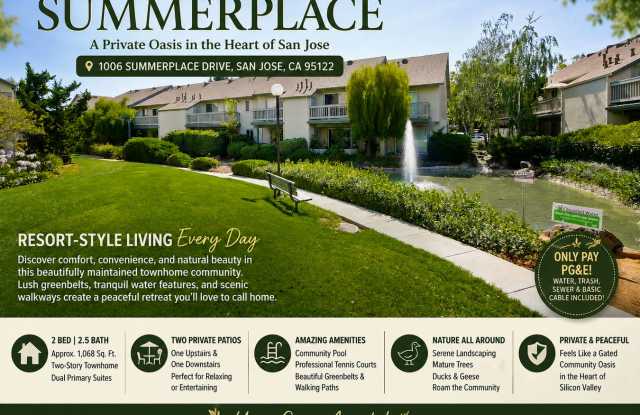 Hidden Silicon Valley Oasis! 2BR/2.5BA Townhome with TWO Private Patios, 2 Dedicated Parking Spaces, Pool, Tennis Courts & Utilities Included! photos photos