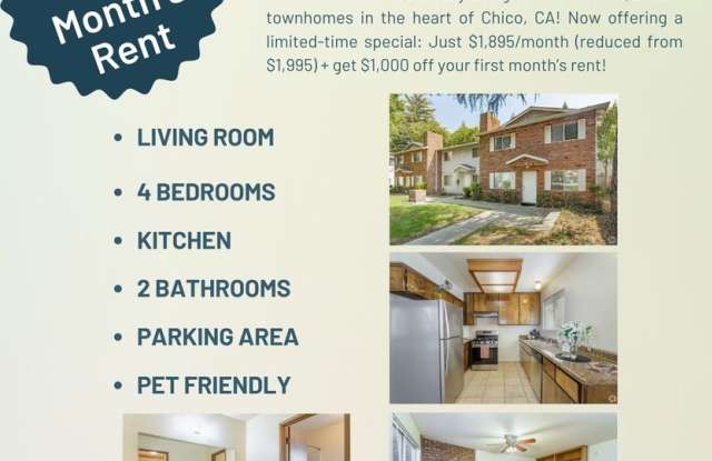 Spacious 4 Bedroom Townhomes in Chico – $1,000 Off First Month + Reduced Rent! photos photos
