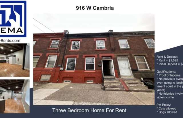 916 W Cambria Street -   3 Bedroom / 1.5 Bathroom + Private Patio! - 916 West Cambria Street, Philadelphia, PA 19133