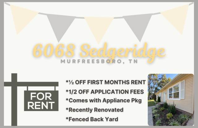 Beautifully Renovated 3-Bedroom Ranch with full fenced yard in Murfreesboro! - 6068 Sedgeridge Avenue, Rutherford County, TN 37129