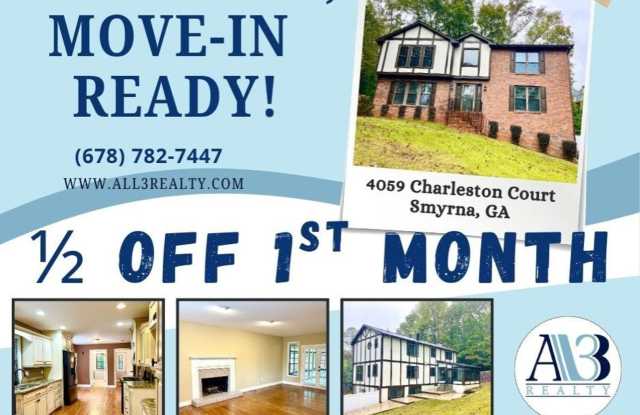 Half off first month's rent with move-in by December 20!!! Welcome to this stunning 4-bedroom, 3.5-bathroom home located in the vibrant community of Smyrna, GA. - 4059 Charleston Court Southeast, Cobb County, GA 30080