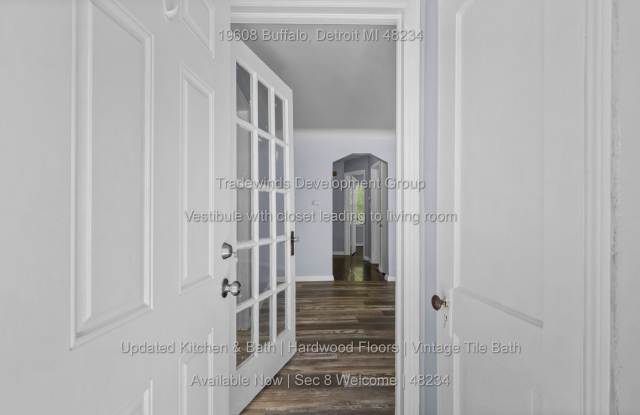 19608 Buffalo St is a 3-bedroom brick bungalow for rent in Detroit's Pershing neighborhood for $1,150/month — Section 8 and Housing Choice Vouchers welcome, on a mature tree-lined street near Mound Rd in 48234. Gallery 3