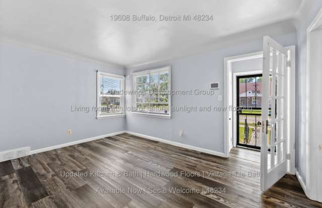 19608 Buffalo St is a 3-bedroom brick bungalow for rent in Detroit's Pershing neighborhood for $1,150/month — Section 8 and Housing Choice Vouchers welcome, on a mature tree-lined street near Mound Rd in 48234. Gallery 4