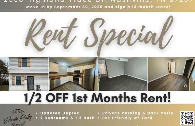 ON SPECIAL: 1/2 off 1st Months Rent and 1/2 Off Application Fee! Two Bedroom Duplex near Trinity Hills in Nashville! photos photos