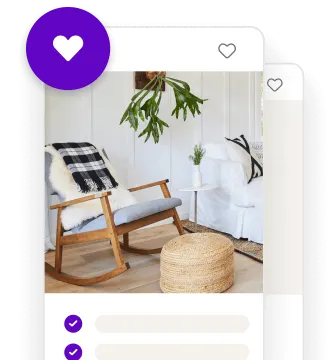 Modern, cozy living room with a rocking chair, woven ottoman, and a large heart icon indicating a liked listing.