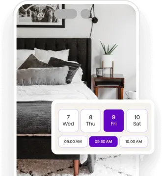 Bedroom photo on a phone screen with a tour booking calendar showing selected date, Friday the 9th, and time 9:30 AM.