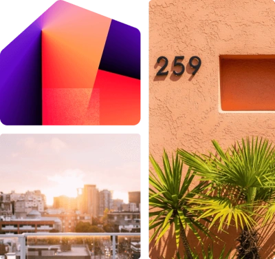 Collage showing a colorful geometric icon, a peach-colored building with the number 259, and a cityscape at sunset.