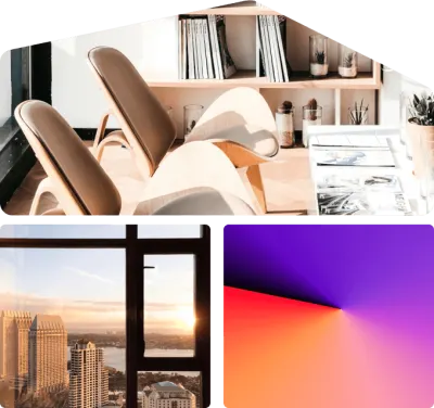Collage featuring a modern office interior, a city skyline view through a window at sunset, and a bold geometric graphic in orange and purple tones.