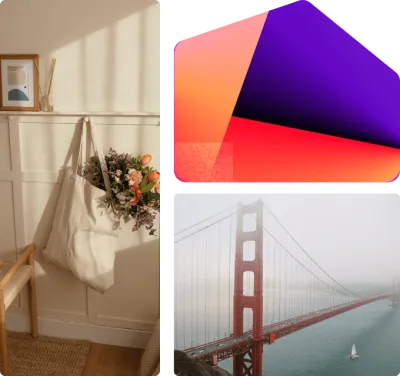 Collage showing a tote bag with flowers hanging in a sunlit room, a colorful geometric graphic, and the Golden Gate Bridge in the fog.