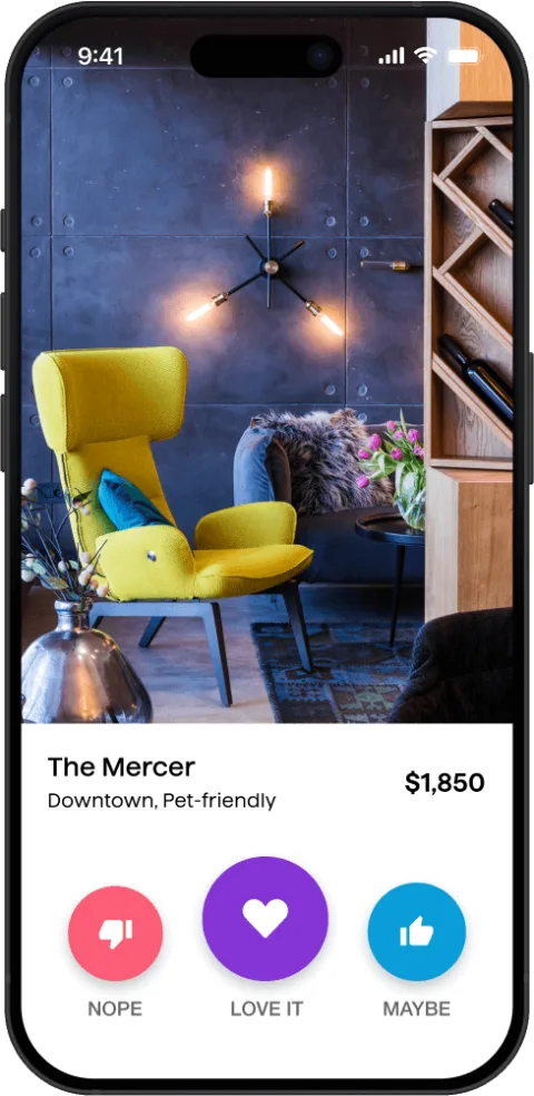 Apartment listing on a mobile screen showing a modern room with a yellow chair, moody lighting, and wine rack. Listing name and price shown. Three buttons below allow dislike, Maybe, or Love it.